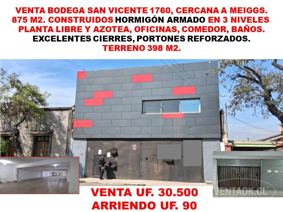 Arriendo y Venta Bodega San Vicente 1760, cercana a Meiggs.
